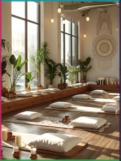 yoga mats lined up on the floor in front of large windows with potted plants