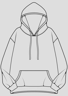 an outline drawing of a hooded sweatshirt with the hood pulled back and side pockets down