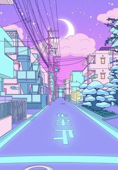 an animated city street with power lines above it