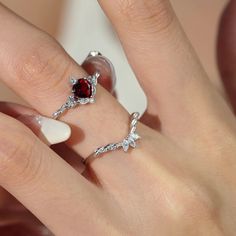 Flaming Heart Red Garnet Ring Set© – Azura New York Red And Silver Ring, Red Engagement Ring Silver, Silver Wedding Ring Stack, Red Wedding Rings, Dark Red Wedding, Red Heart Ring, Red Engagement Ring, Moonstone Engagement Ring Set, Flaming Heart