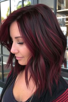 45 Sizzling Hot Red Highlights Ideas for Black Hair - Flo's Blog Shades Of Red Highlights, Apothic Dark Red Brown Hair, Red Toned Highlights Brown Hair, Fall Hair Burgundy Balayage, Burgundy Hair With Blonde Face Frame, Dark With Red Hair, Red Hair Color For Dark Hair, Burgundy Hair With Dimension, Black With Burgundy Hair