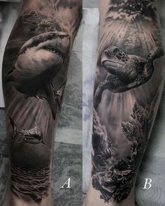 a man's arm with an image of a turtle and other animals on it