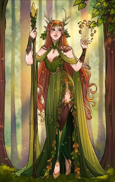 a woman with long red hair and green dress standing in the woods holding a staff