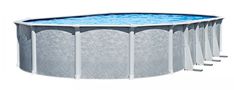 an above ground swimming pool with blue water in the middle and white walls around it