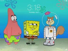 spongebob and his friends are standing in front of an image of the same character