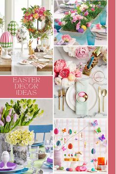 a collage of photos with flowers and easter decorations