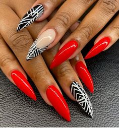 Red Geometric Nails, Red Black White Nails Designs, Red Nails With Snake Design, Red And White Abstract Nails, Red And Black Geometric Nails, Glamour Nails, Ombre Acrylic Nails, Stiletto Nails Designs