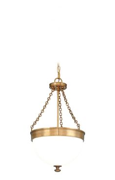 an antique brass chandelier with chain hanging from the ceiling against a white background