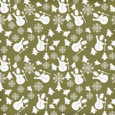 a green and white christmas pattern with snowmen, trees, and sleighs