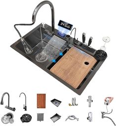 a kitchen sink with various faucets and accessories