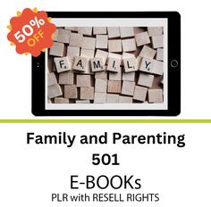 a tablet with the words family and parenting on it, surrounded by scrabbles