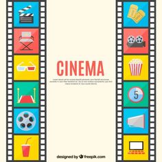 a movie frame with icons on it and the words cinema in red, blue, green,