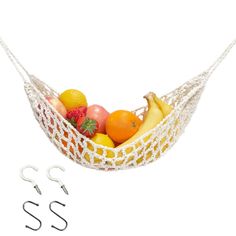 PRICES MAY VARY. 100% Hand-made: This fruit basket is hand-woven with environment-friendly cotton rope, and the close knitting distance makes it safe and odorless. The hammock is about 15.8 x 8.6 inches in size and can hold 10-15 fruits. Universal Macrame Fruit Basket: This hammock is perfect for storing any fresh fruit and vegetables you like. It is very suitable for storing bananas, apples, clementines, avocados, onions, potatoes, etc. It is also suitable for use in RVs, campers, boats or back Hanging Fruit Hammock, Macrame Fruit Hammock, Banana Storage, Fruit Hammock, Net Basket, Hanging Net, Under Cabinet Storage, Cabinet Storage Solutions, Macrame Basket