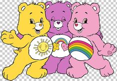 three teddy bears are standing next to each other and one is holding a rainbow heart