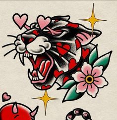 an old school tiger tattoo design with hearts and flowers