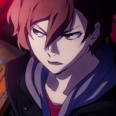 an anime character with red hair and blue eyes looking at the camera while wearing a black jacket