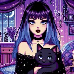 a woman with blue hair holding a black cat