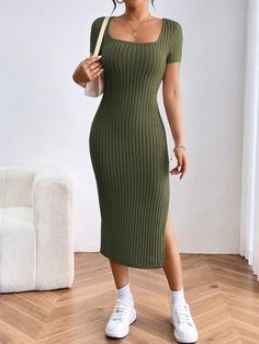 Summer Casual Solid Short Sleeve Slit Bodycon Dress Army Green Casual  Short Sleeve Fabric Plain Bodycon Medium Stretch Spring/Summer Women Clothing, size features are:Bust: ,Length: ,Sleeve Length: