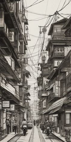 a black and white drawing of people walking down a street with buildings on both sides