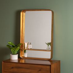 a wooden dresser with a mirror and potted plant on top of it in front of a green wall