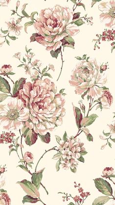 a floral wallpaper with pink flowers and green leaves on the bottom half of it