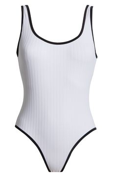 Contrast trim lends sporty flair to this ribbed one-piece swimsuit made with a built-in shelf-bra and a sunny low back. Pull-on style Moderate back coverage UPF 50+ sun protection 92% recycled polyamide, 8% spandex Hand wash, dry flat Imported White Swimwear With Contrast Trim For Poolside, White Beachwear Swimwear With Contrast Trim, Sporty Fitted Swimwear With Contrast Trim, White Summer Bodysuit In Athleisure Style, Summer White Athleisure Bodysuit, White Athleisure Bodysuit For Summer, Fitted Ribbed Sleeveless Swimwear, Fitted Swimwear With Contrast Trim, Poolside Ribbed One-piece Bodysuit