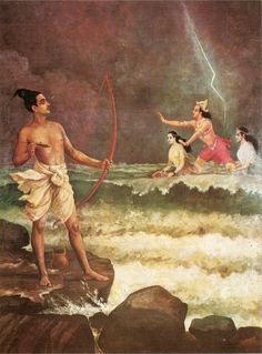 an image of a painting with people in the water and one man holding a bow