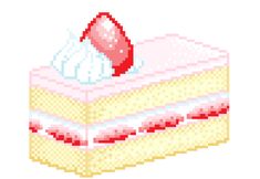 a piece of cake with white frosting and a cherry on top is shown in pixel style