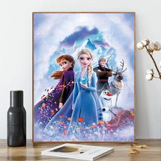 the frozen queen and her friends are standing in front of an art print on a wall