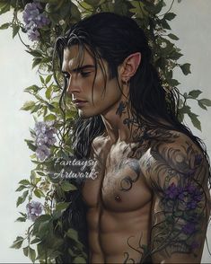 a painting of a man with long hair and tattoos on his chest, surrounded by flowers