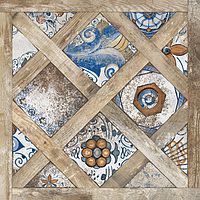 an artistic tile design on the side of a wooden door with blue and white designs