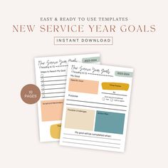 two new service year goals cards with the text easy and ready to use templates