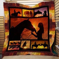 a quilt with pictures of horses and people on it