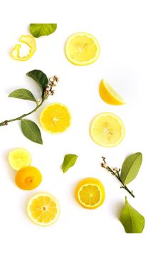 lemons, oranges and leaves on a white surface