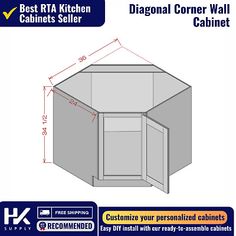 the corner cabinet is shown with measurements