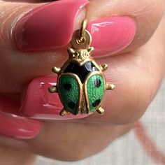 Lovely 14k Yellow Gold Pendant Featuring A Detailed Black And Green Enameled Lady Bug Weighing Approximately 0.9 Grams. Made In Italy. Yellow Gold Pendants, Gold Enamel, Lady Bug, Gold Pendant, Bugs, In Italy, Yellow Gold, Women Jewelry, Italy