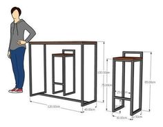 a woman standing next to a tall table with two stools on it and measurements