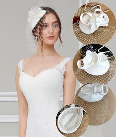 a woman in a wedding dress and veil with three different types of hats on her head