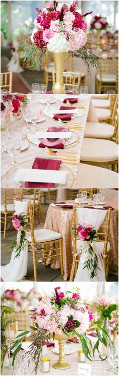 the table is set with pink flowers and gold chargers on it, along with red napkins