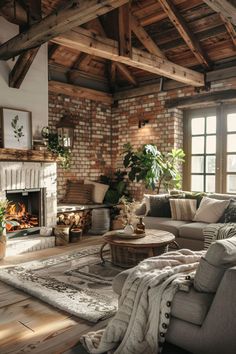 a living room filled with furniture and a fire place in the middle of a room