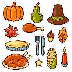 thanksgiving icons set in cartoon style