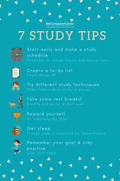 a blue poster with the words 7 study tips in white and gold lettering on it