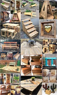 many different types of wooden pallets are shown in this collage, including benches and tables