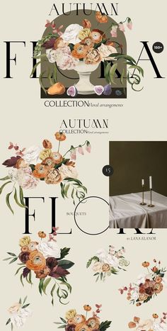 an assortment of flowers and candles on display in front of a white tablecloth with the words autumn floral collection