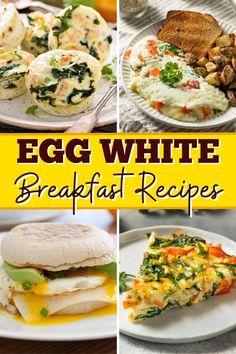 egg white breakfast recipe collage with eggs, cheese and other food items on plates