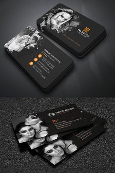 two black and white business cards with an image of a woman's face on them