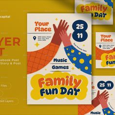 Yellow Flat Design Family Fun Day Flyer Set Fun Banner Design, Family Festival Poster, Family Day Poster Design, Fun Flyer Design, Family Fun Day Poster, Family Poster Design, Event Poster Design Ideas Creative, Creative Flyer Design Ideas Graphics, Family Day Poster