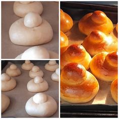 several pictures of different types of pastries on a baking sheet, including buns and rolls