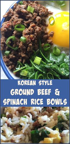 korean style ground beef and spinach rice bowls with an egg in the middle on a plate