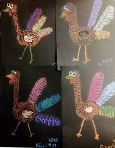 three pictures of turkeys painted on black paper